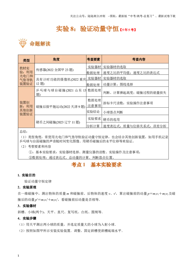 《实验8：验证动量守恒（原卷版）_04-物理-高考总复习_专项复习_2024年_2024年高考物理必考实验讲练19份实验攻略资料_资料》第1页预览