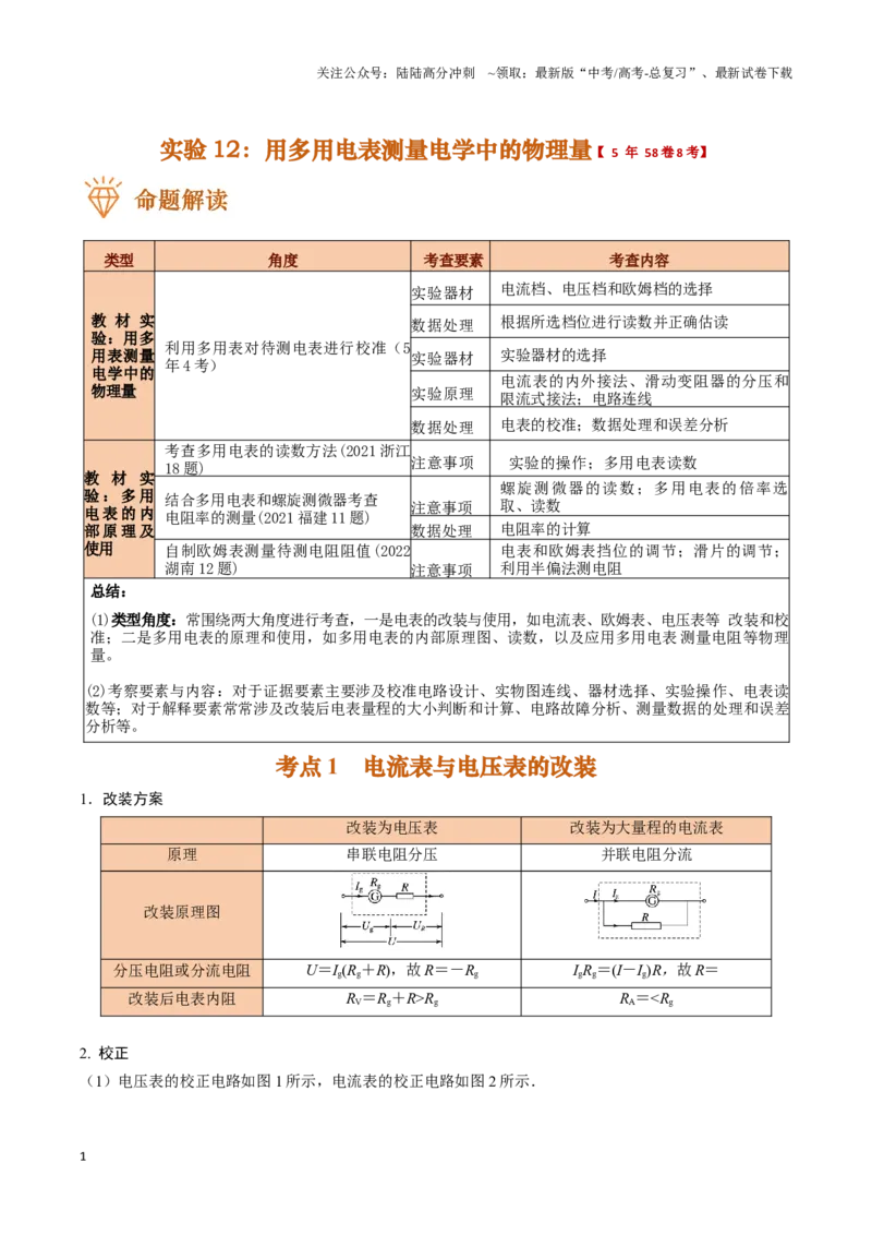 《实验12：用多用电表测量电学中的物理量（原卷版）_04-物理-高考总复习_专项复习_2024年_2024年高考物理必考实验题讲解练习重难点题型归纳_资料》第1页预览