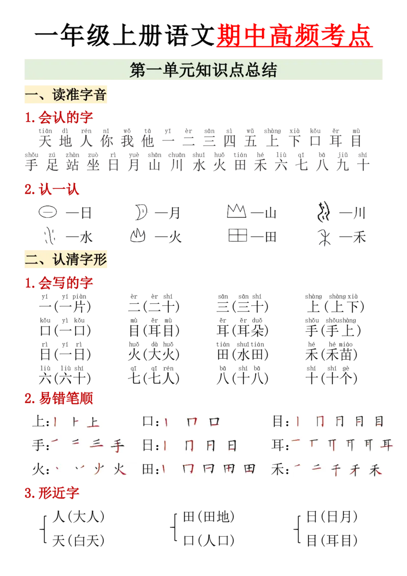 《(2)_1年级上册同步教辅_1上语文_一上语文-核心考点_一年级上册语文期中高频考点》第1页预览