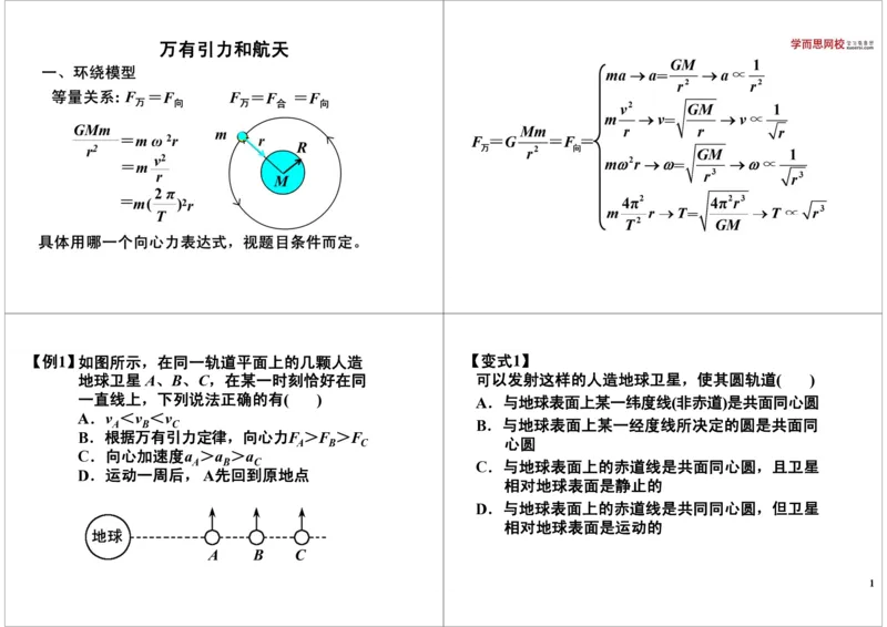 《19讲义-1fefbf471652_学而思高三全套_高三录播课程各种版本_高三一轮二轮_21630=11964高考物理一轮总复习(含动量部分）-于亮61讲_第19讲：万有引力和航天》第1页预览