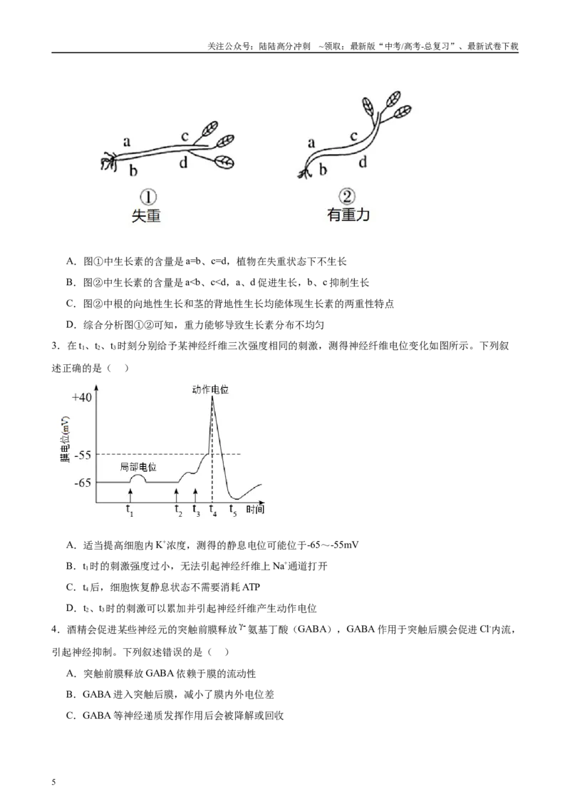 《微专题6神经、体液、免疫三大调节原卷版_06-生物-高考总复习_专项复习_2025年_2025年高考生物考前冲刺微专题限时练（全国通用）_资料》第5页预览