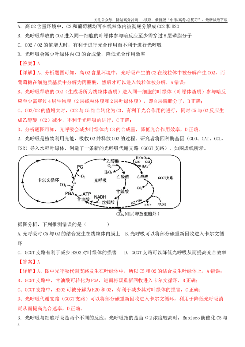 《尖子生突破06光呼吸、光抑制和光系统过程（解析版）_06-生物-高考总复习_专项复习_2024年_2024年高考生物重难点突破精讲_资料》第3页预览
