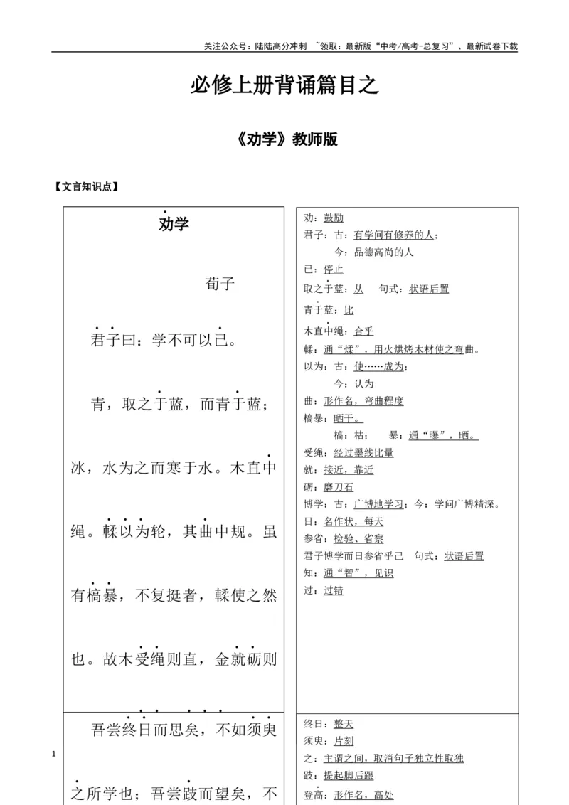 《必修上册背诵篇目之《劝学》（教师版）_专项复习_2025年_2025年高考语文古诗文必备篇目读写专练（全国通用）_资料_1-必修上册》第1页预览