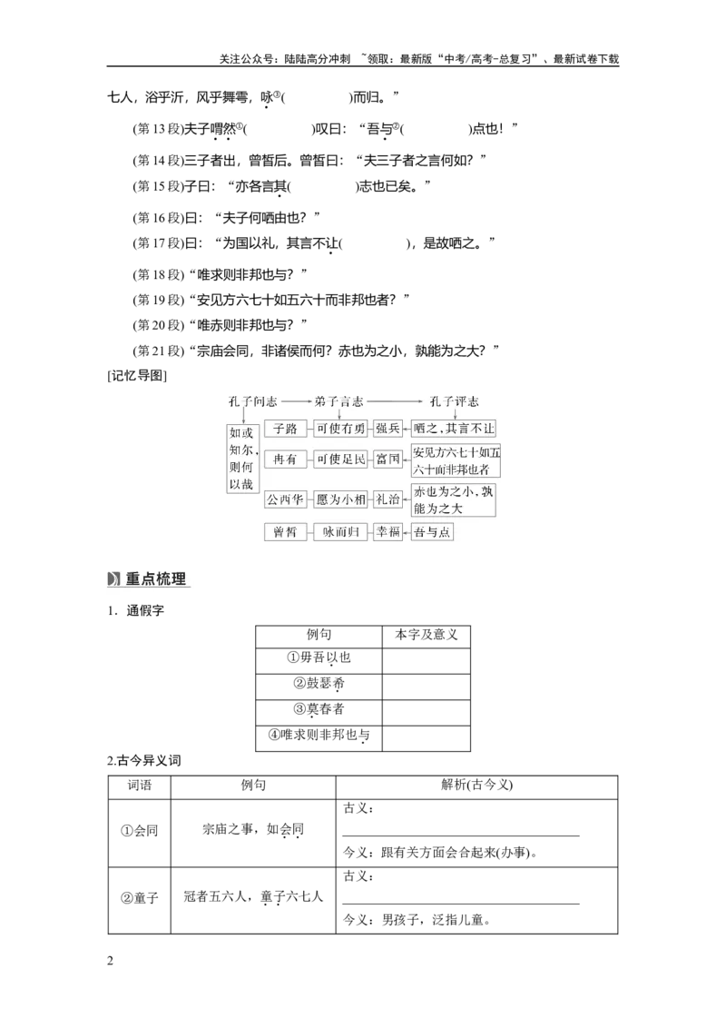 《必修下册(一)　单篇梳理1　子路、曾皙、冉有、公西华侍坐_一轮复习_2025年_2025年大一轮复习讲义人教版语文_资料_1-资料_大一轮复习讲义学生专用_教材文言文点线面_学生用书_必修下册(一)》第2页预览