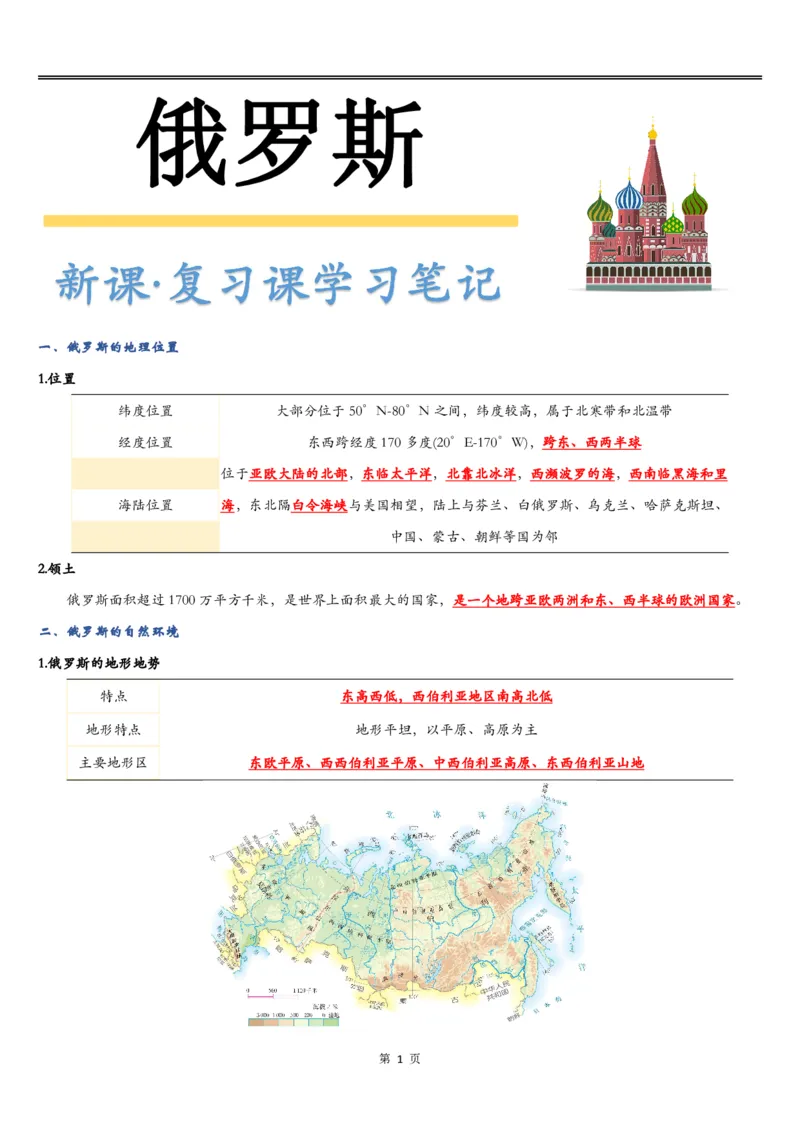 《《俄罗斯》知识总结-8772069fb26d_学而思初中1年级_2024春下初一_初一地理培训班（春下·全国版·A+）_5.“战斗民族”—俄罗斯》第1页预览
