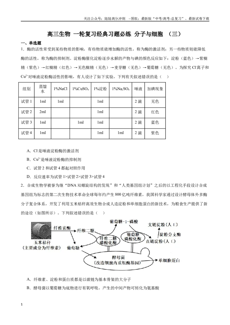 《必修1分子与细胞必刷卷03（原卷版）_06-生物-高考总复习_一轮复习_2024年_2024年高考生物一轮复习收官必刷卷（新教材新高考）_资料》第1页预览