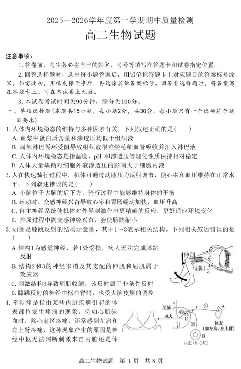 《（教研室提供）山东省济宁市兖州区2025-2026学年高二上学期期中生物试题_2026年高二《月考+期中考+阶段性检测真题合集》全国各省全科无水印》第1页预览