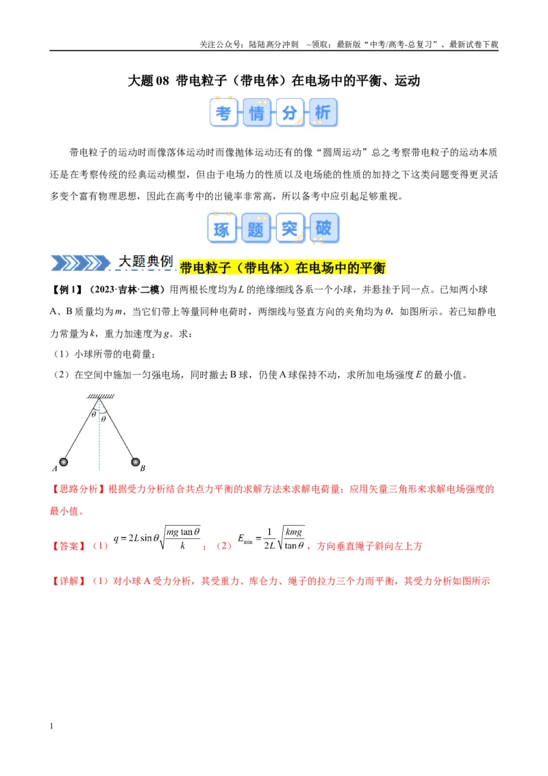 《大题08带电粒子（带电体）在电场中的平衡、运动（解析版）_04-物理-高考总复习_专项复习_2024年_2024年新高考物理大题突破练习题限时集训试卷练习_资料》第1页预览