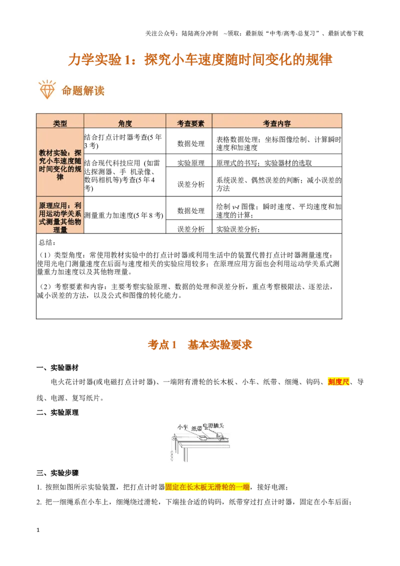 《实验1：探究小车速度随时间变化的规律（原卷版）_04-物理-高考总复习_专项复习_2024年_2024年高考物理必考实验讲练19份实验攻略资料_资料》第1页预览