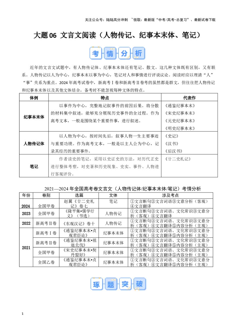 《大题06文言文阅读（人物传记、纪事本末体、笔记）（学生版）_专项复习_2025年_2025年高考语文大题突破+限时集训（新高考通用）》第1页预览