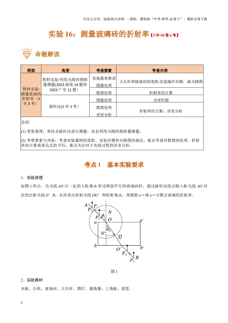 《实验16：测量玻璃砖的折射率（解析版）_04-物理-高考总复习_专项复习_2024年_2024年高考物理必考实验题讲解练习重难点题型归纳_资料》第1页预览