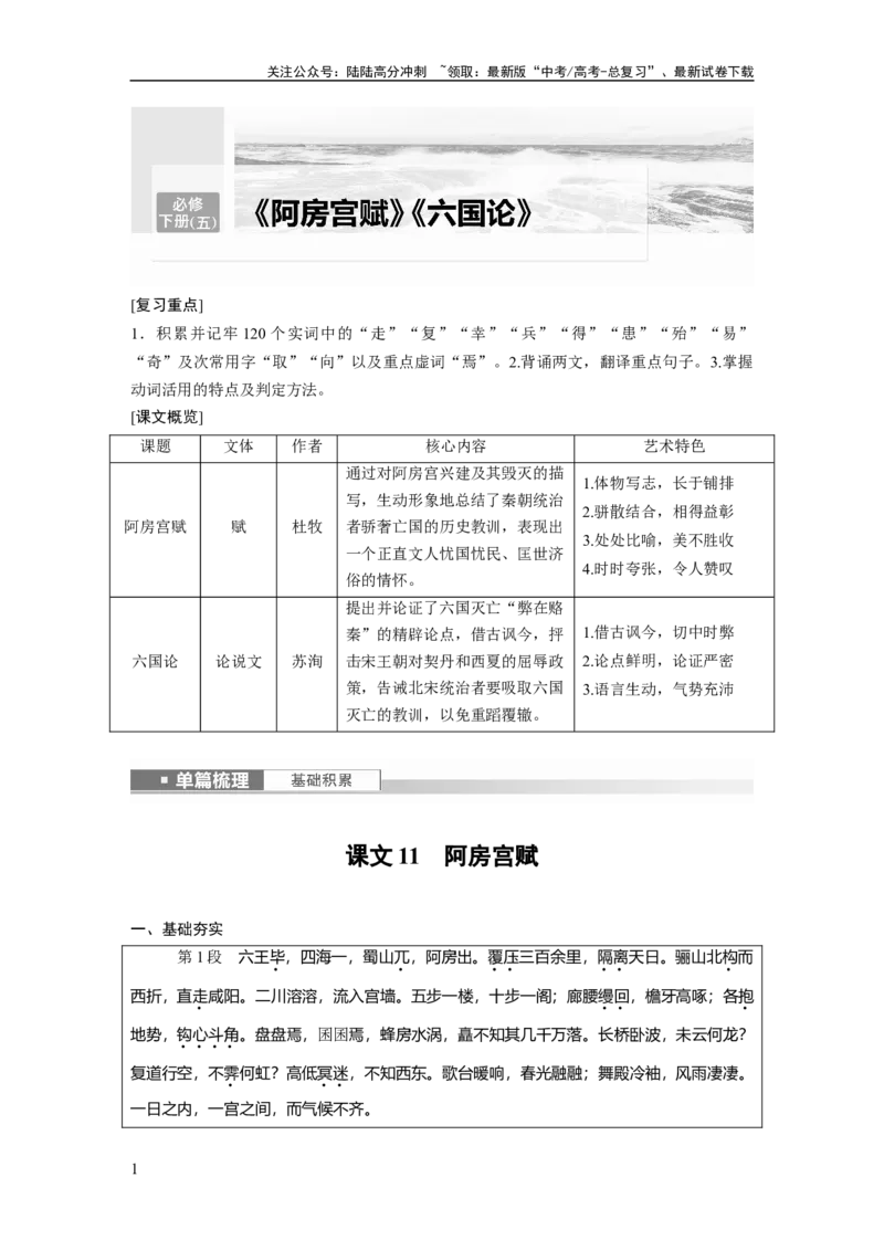 《必修下册(五)　单篇梳理　基础积累　课文11　阿房宫赋_一轮复习_2024年_2024高考语文大一轮复习课件讲义新人教版知识总结_2024年高考语文一轮复习讲义（部编新高考版）_教材文言文点线面》第1页预览