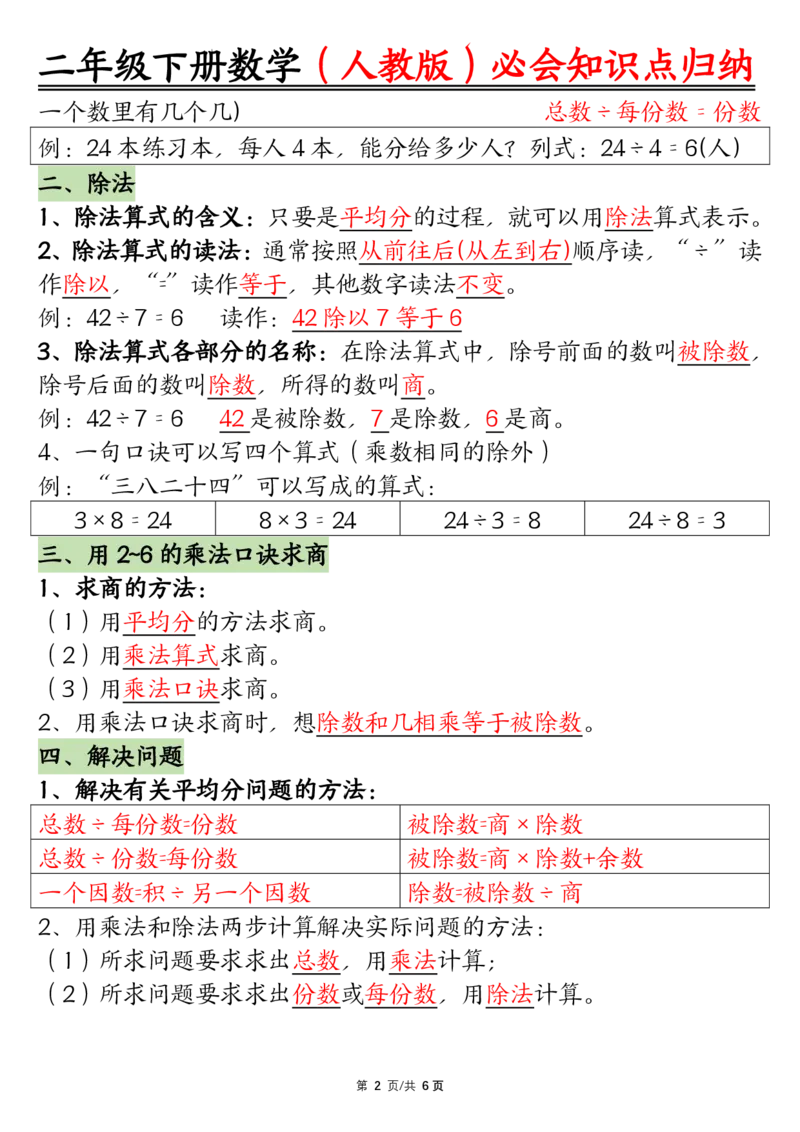《0125数学二年级下册数学人教版知识点归纳总结_2年级下册同步教辅_2下-数学_二下数学-必背资料通用》第2页预览