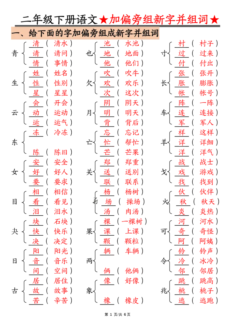 《0204加偏旁部首组新字并组词整理_2年级下册同步教辅_2下-语文_二下语文-专项练习》第1页预览