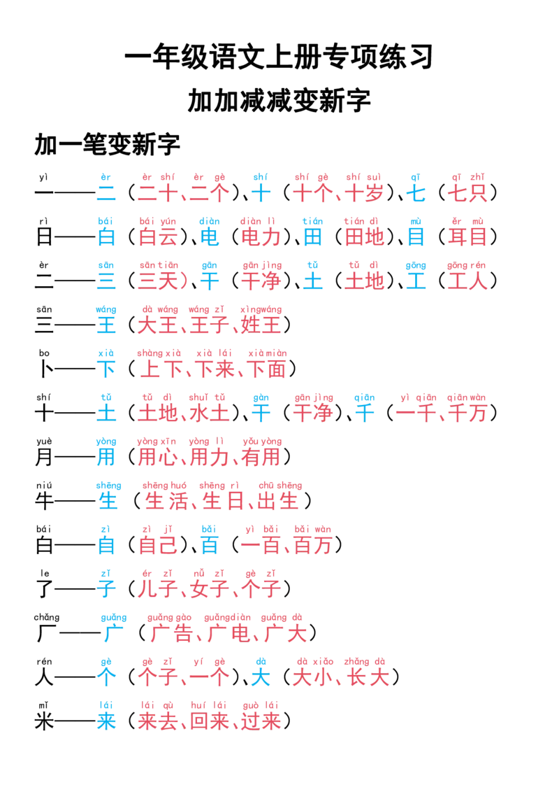 《10.8一年级语文上册专项练习加加减减变新字_1年级上册同步教辅_1上语文_一上语文-重点必备资料》第1页预览