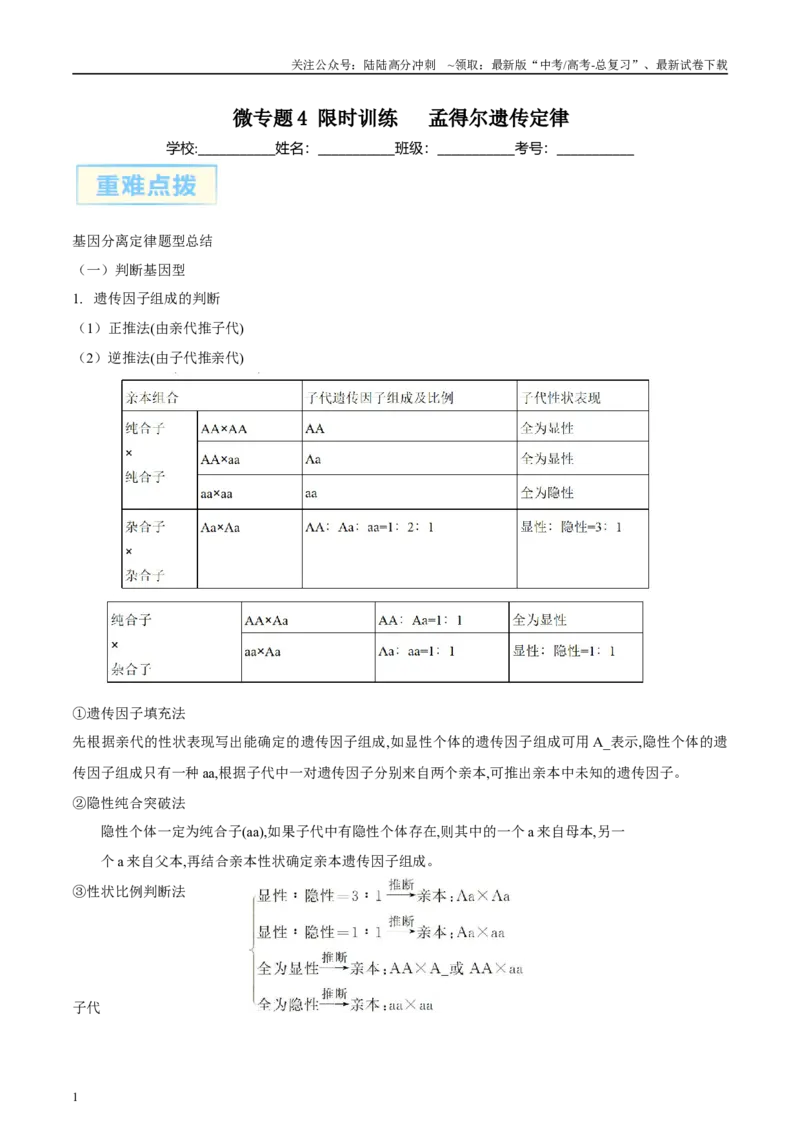 《微专题4孟德尔遗传定律原卷版_06-生物-高考总复习_专项复习_2025年_2025年高考生物考前冲刺微专题限时练（全国通用）_资料》第1页预览