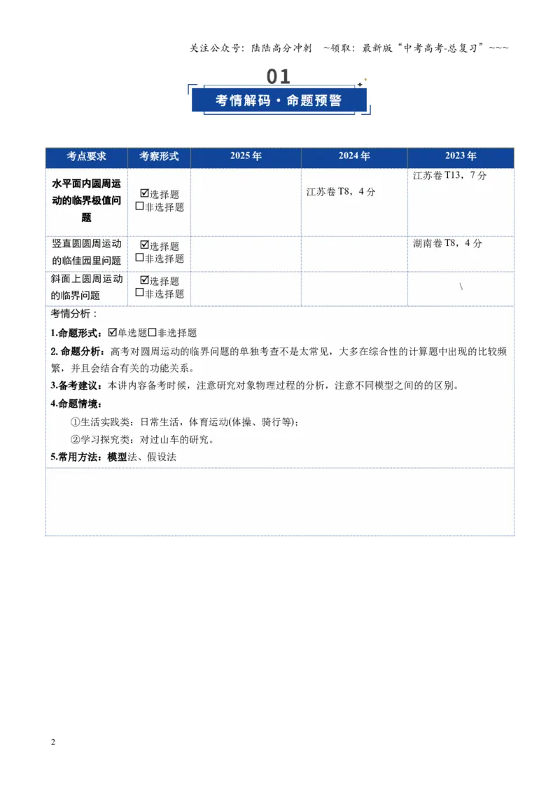 《微专题圆周运动的临界问题（复习讲义）（湖南专用）（学生版）_04-物理-高考总复习_一轮复习_2026年-物理高考一轮复习_2026年高考物理一轮课件+讲义+练习（湖南专用）-G331》第2页预览