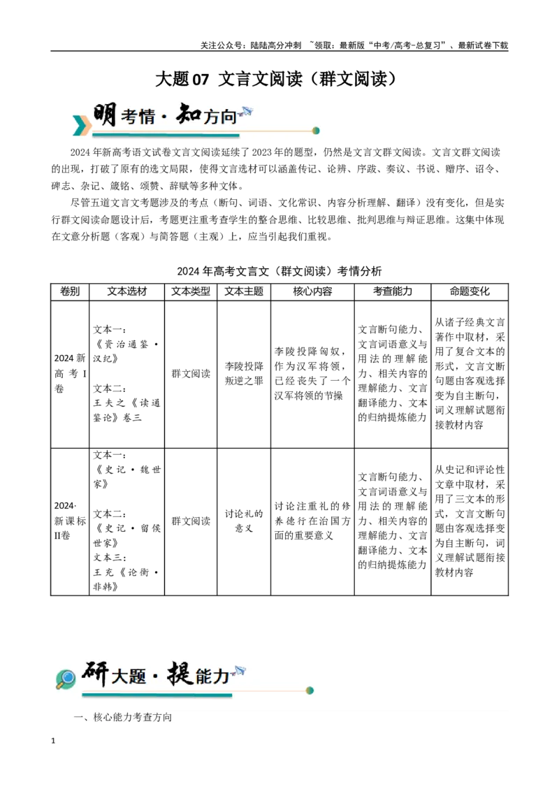 《大题07文言文阅读（群文阅读）（教师版）_专项复习_2025年_2025年高考语文大题突破+限时集训（新高考通用）》第1页预览