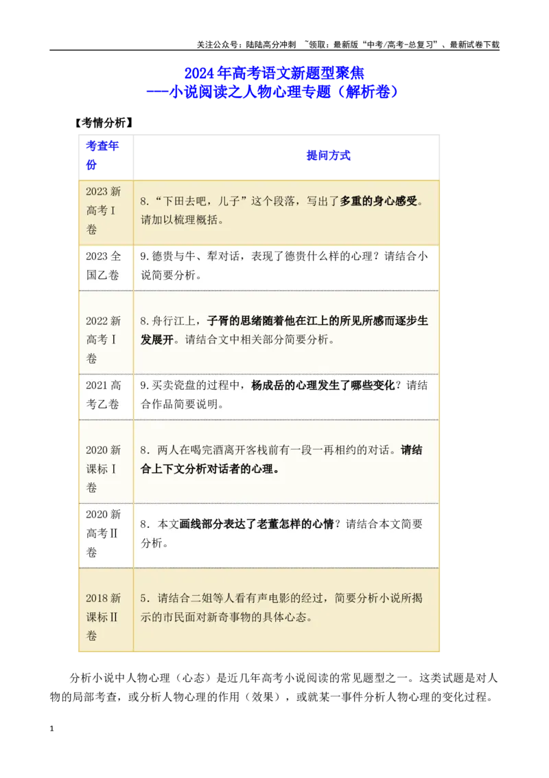 《小说阅读之人物心理专题（解析版）_一轮复习_2024年_2024年高考语文一轮复习常考考点精讲细练（全国通用）_资料》第1页预览