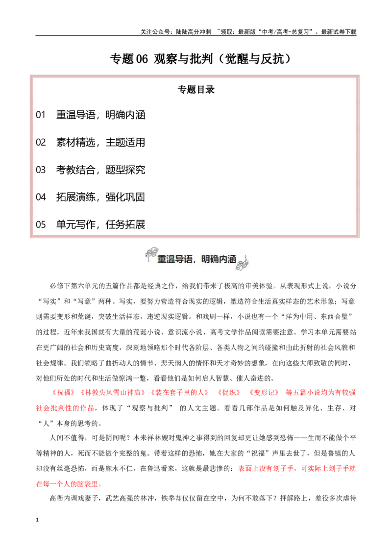 《必修下册专题06观察与批判（觉醒与反抗+尝试写小说）_专项复习_2024年_2024年新高中高考语文教材主题作文课内写作训练优秀范文_资料》第1页预览