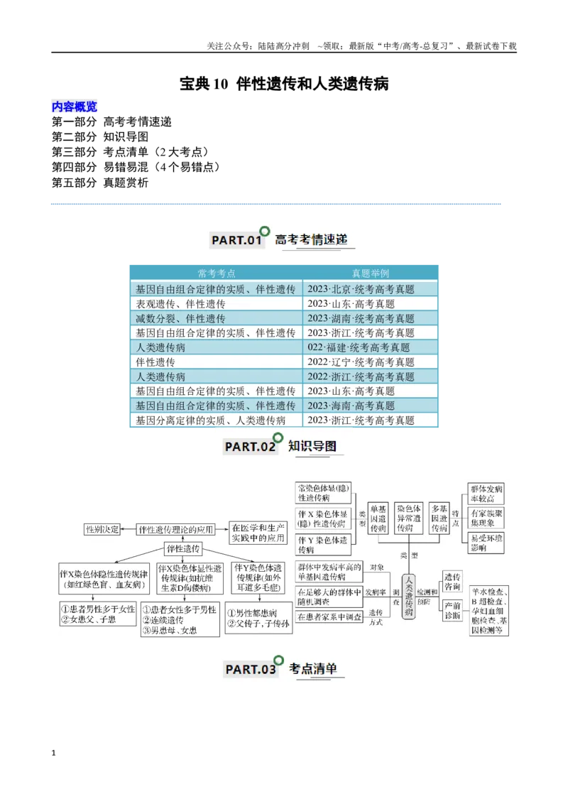 《宝典10伴性遗传和人类遗传病（原卷版）_06-生物-高考总复习_一轮复习_2024年_2024年高考生物一轮复习知识清单必背总结全国通用_资料》第1页预览