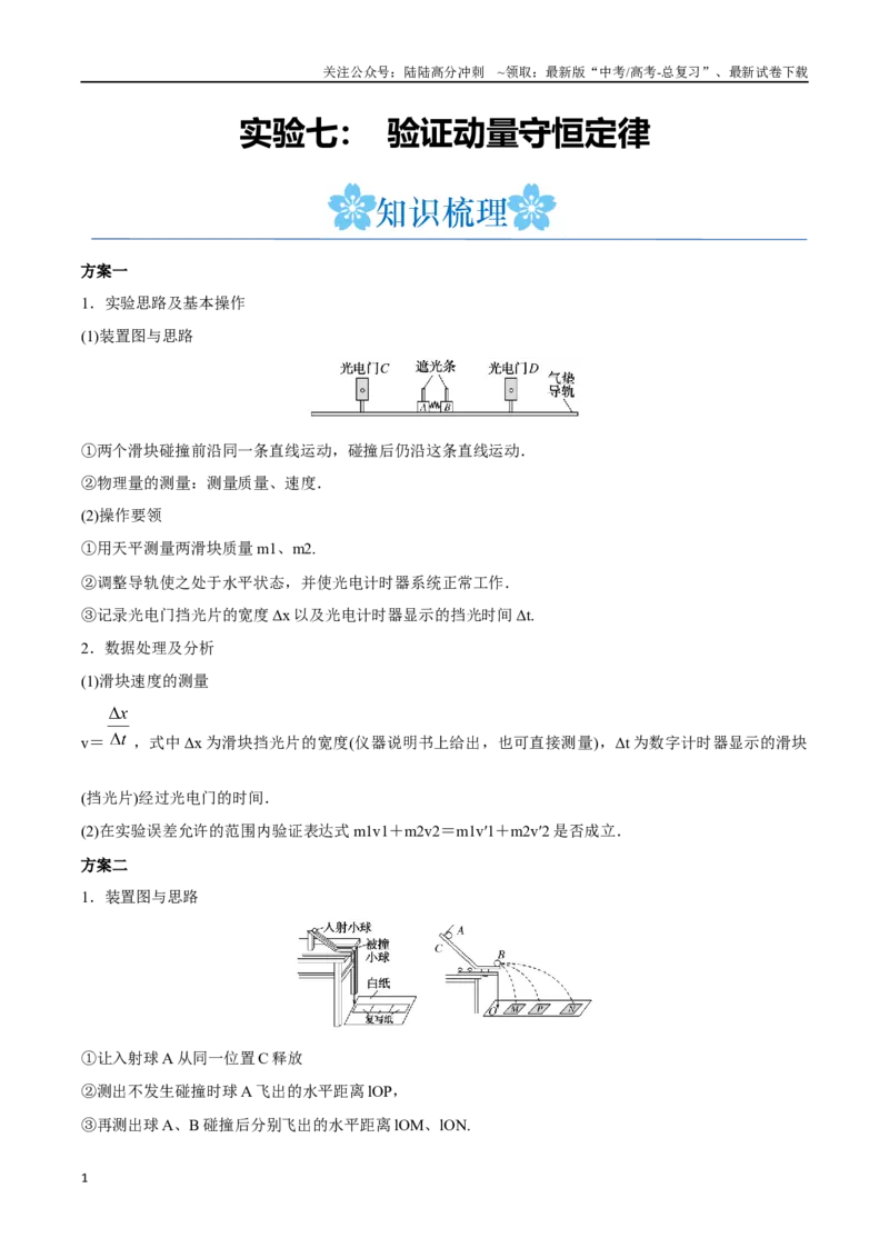 《实验七：验证动量守恒定律（原卷版）_04-物理-高考总复习_一轮复习_2024年_2024年高考物理一轮复习讲义知识点梳理重难点复习_资料》第1页预览