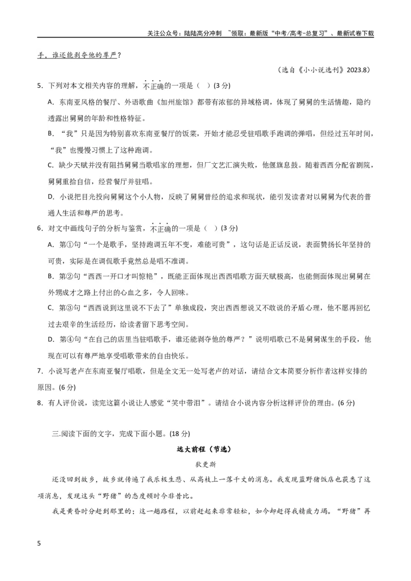 《小说阅读综合测试（原卷版）-2024年高考语文二轮复习讲练测（新教材新高考）_二轮复习_2024年_2024年高考语文二轮复习讲练测（新教材新高考）_配套练习》第5页预览