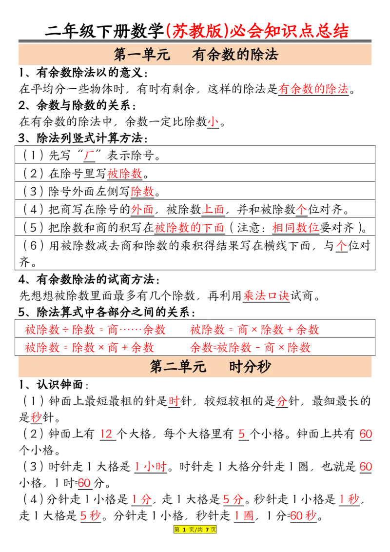 《0127数学二（下）苏教数学知识点汇总整理_2年级下册同步教辅_2下-数学_二下数学-必背资料通用》第1页预览