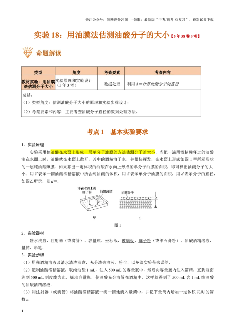 《实验18：用油膜法估测油酸分子的大小（原卷版）_04-物理-高考总复习_专项复习_2024年_2024年高考物理必考实验讲练19份实验攻略资料_资料》第1页预览