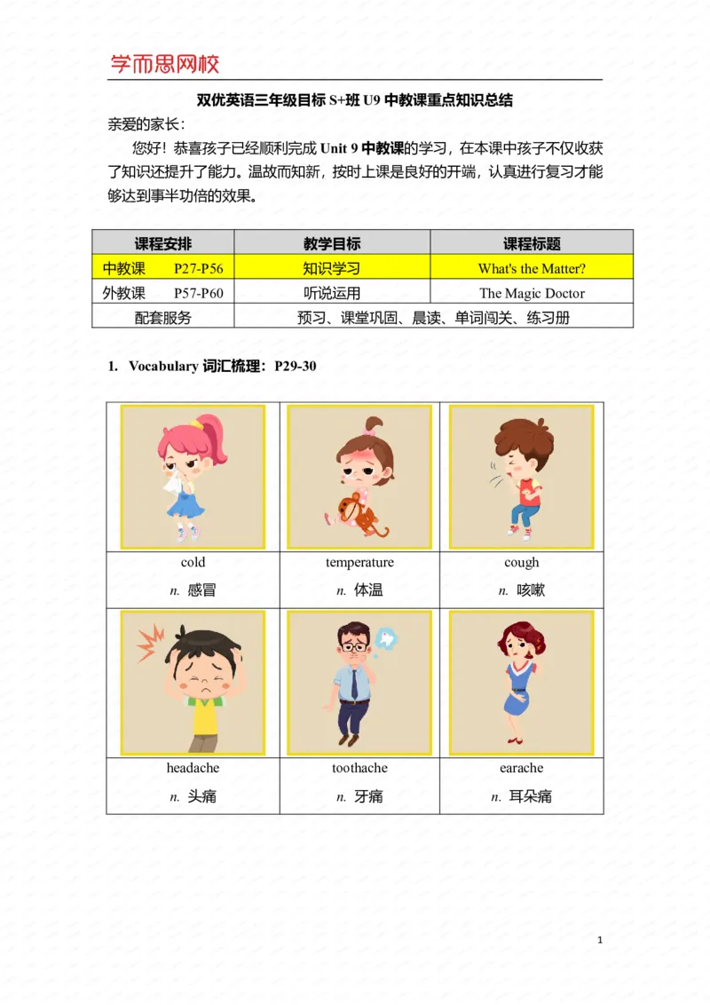 《中教课重点知识总结-37bbf40cc1e8_小学学而思全套_三年级全套_三年级直播课_2020年秋季课程三年级_三年级双优英语直播目标s+班（张凯）_10unit9中教（你怎么了？）》第1页预览