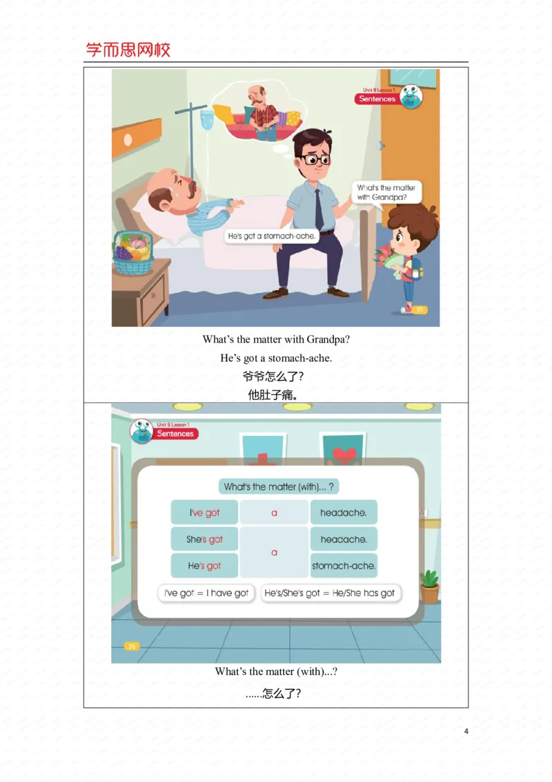 《中教课重点知识总结-37bbf40cc1e8_小学学而思全套_三年级全套_三年级直播课_2020年秋季课程三年级_三年级双优英语直播目标s+班（张凯）_10unit9中教（你怎么了？）》第4页预览