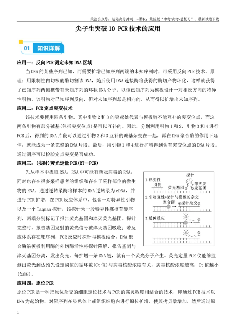 《尖子生突破10PCR技术的应用（原卷版）_06-生物-高考总复习_专项复习_2024年_2024年高考生物重难点突破精讲_资料》第1页预览