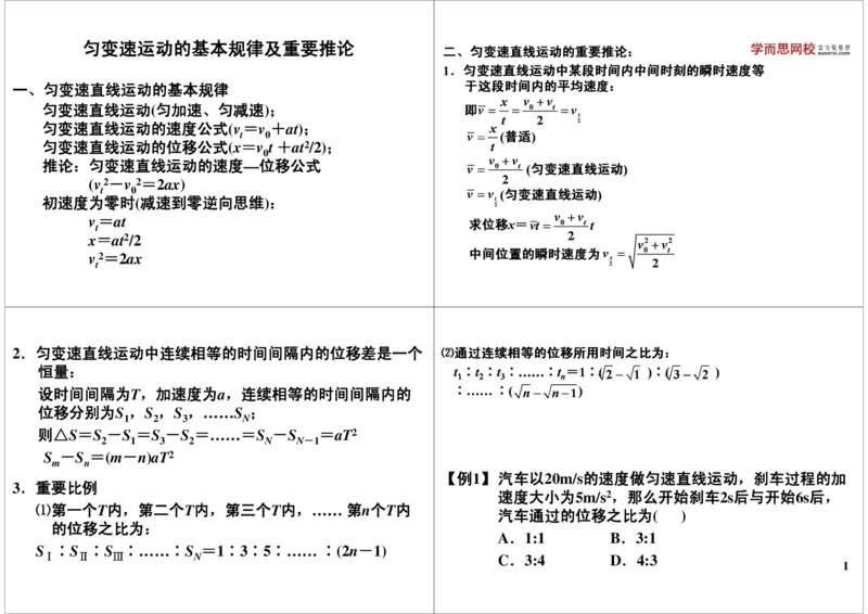 《匀变速运动的基本规律及重要推论-20780e00046f_学而思高三全套_高三录播课程各种版本_高三一轮二轮_21630=11964高考物理一轮总复习(含动量部分）-于亮61讲》第1页预览