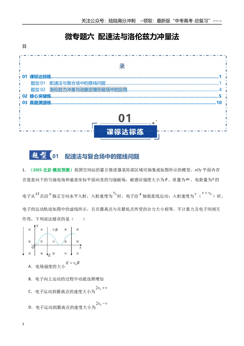 《微专题六配速法与洛伦兹力冲量法（专项训练）（全国通用）（学生版）_04-物理-高考总复习_一轮复习_2026年-物理高考一轮复习_2026年高考物理一轮复习讲义+练习+课件（新教材新高考）-G55》第1页预览