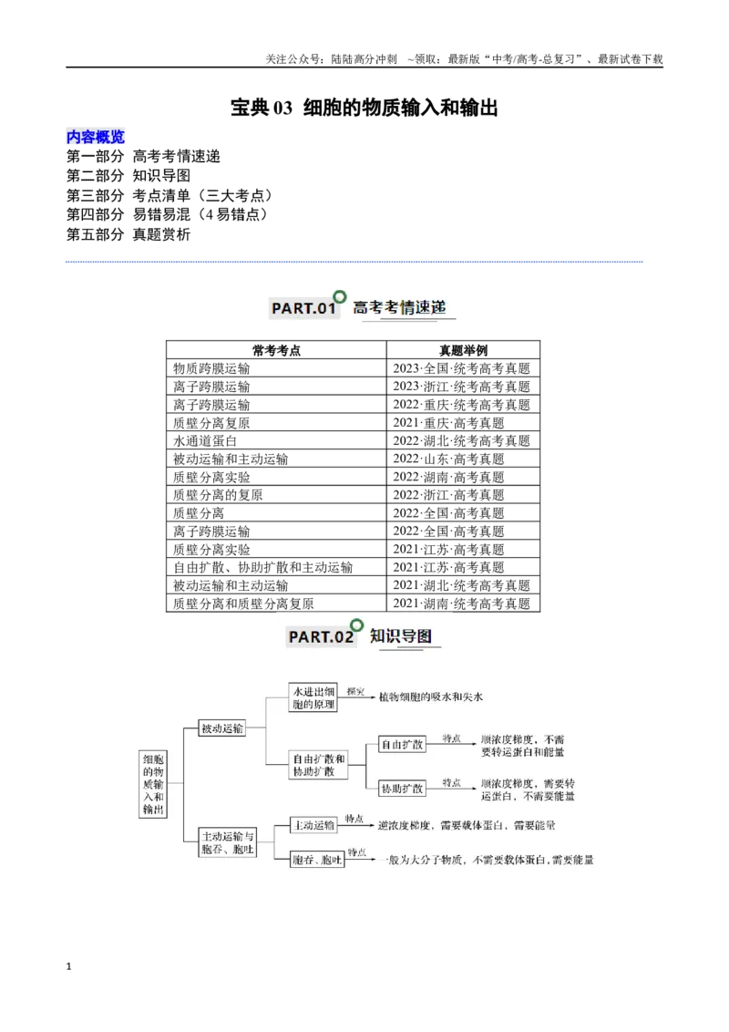 《宝典03细胞的物质输入和输出（原卷版）_06-生物-高考总复习_一轮复习_2024年_2024年高考生物一轮复习知识清单必背总结全国通用_资料》第1页预览