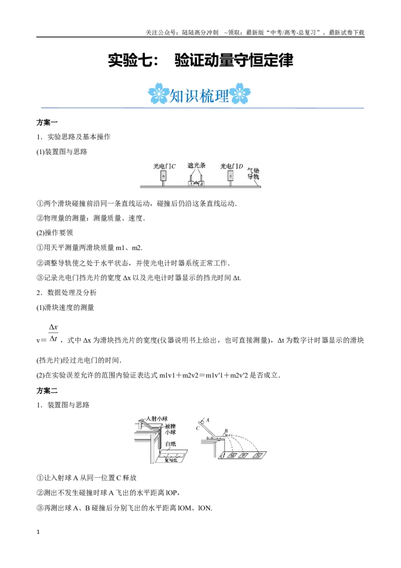 《实验七：验证动量守恒定律（解析版）_04-物理-高考总复习_一轮复习_2024年_2024年高考物理一轮重难点复习_资料》第1页预览