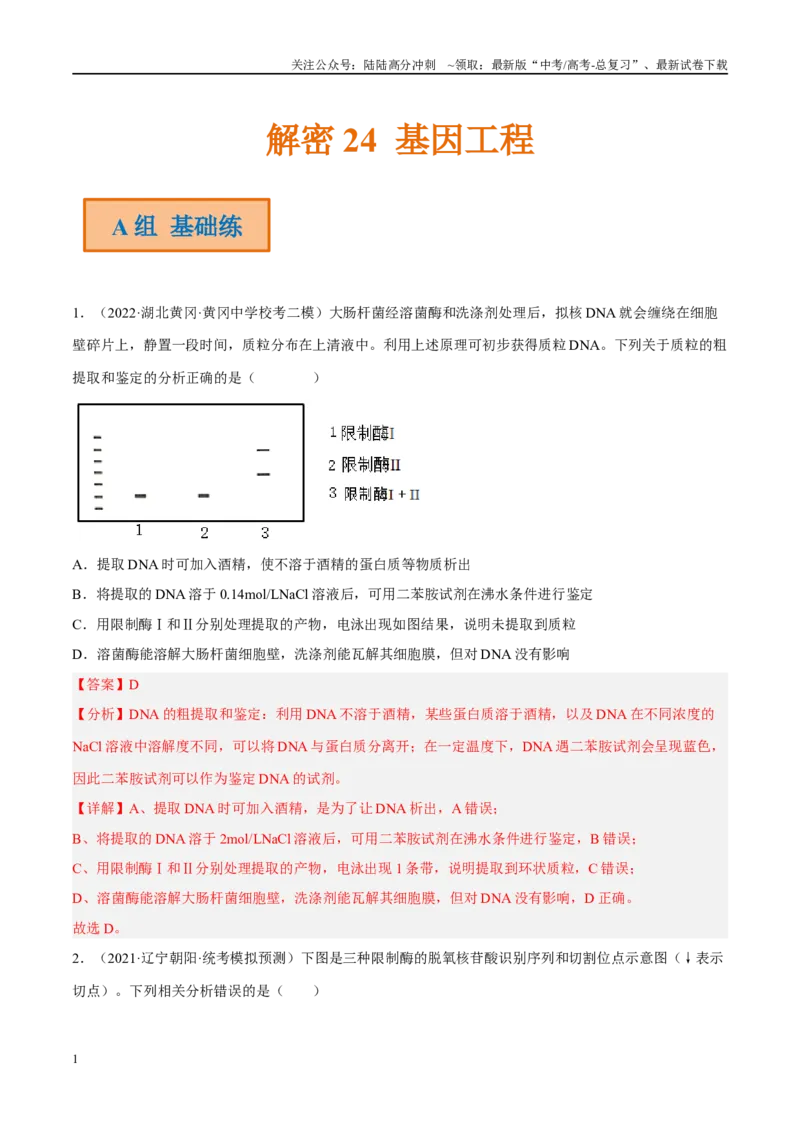 《解密24基因工程（分层训练）（解析版）_06-生物-高考总复习_二轮复习_2024年_2024年新教材高考生物二轮复习讲义分层训练题考点_资料》第1页预览
