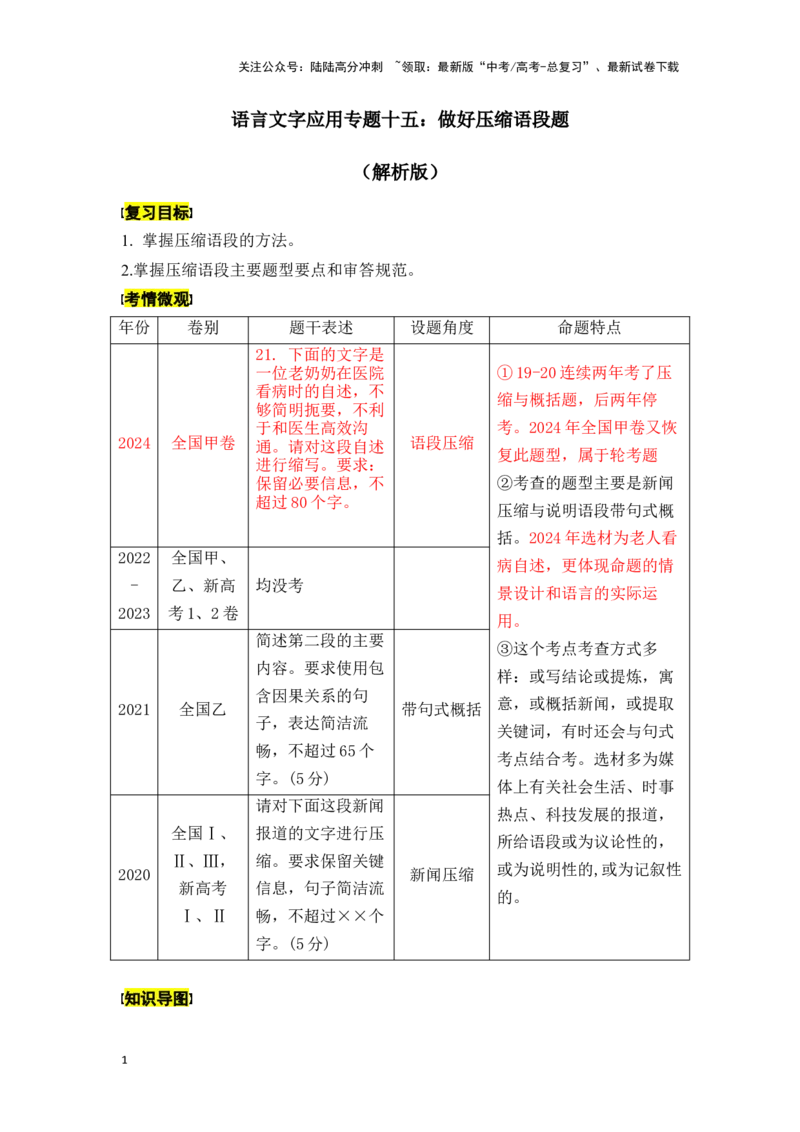《新高考语文一轮复习语言文字应用专题十五：做好压缩语段题（教师版）_一轮复习_2025年_2025年高考语文一轮复习一本通（全国通用）_资料》第1页预览
