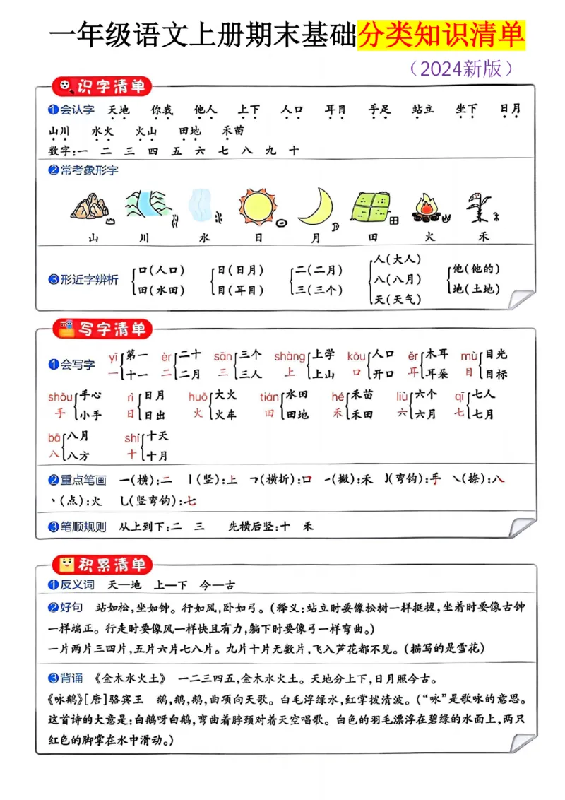 《11-14一上语文人教版一年级语文上册期末基础分类知识清单_1年级上册同步教辅_1上语文_一上语文-知识点汇总》第1页预览