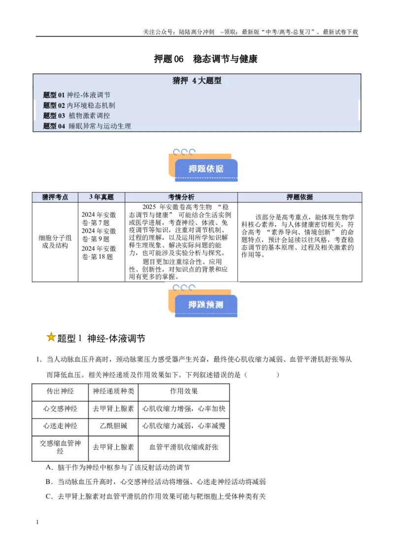 《押题06稳态调节与健康（4大题型猜押）（教师版）_06-生物-高考总复习_专项复习_2025年_2025年高考生物抢押秘籍（安徽专用）》第1页预览