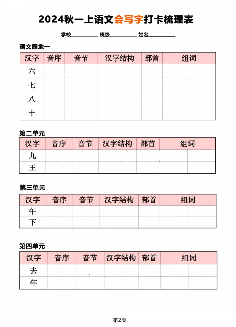 《2024秋一年级上册语文《会写字》打卡梳理表_1年级上册同步教辅_1上语文_一上语文-生字+字帖》第2页预览
