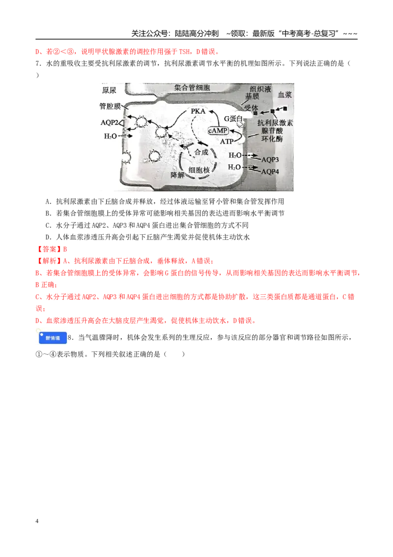 《模块检测卷3稳态与调节（综合训练）（教师版）（全国通用）_06-生物-高考总复习_一轮复习_2026年-生物高考一轮复习_2026年高考生物一轮复习讲义+练习+课件（新教材新高考）-G55_2026版》第4页预览