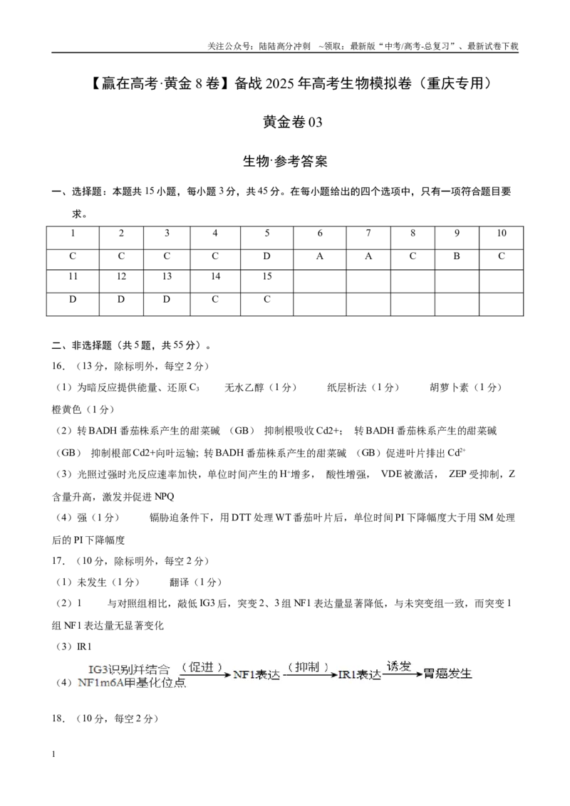 《模拟卷03（重庆专用）（参考答案）_06-生物-高考总复习_专项复习_2025年_2025年高考生物模拟卷（重庆专用）4套》第1页预览