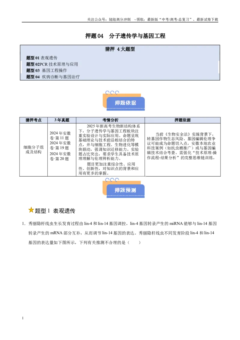 《押题04分子遗传学与基因工程（4大题型猜押）（教师版）_06-生物-高考总复习_专项复习_2025年_2025年高考生物抢押秘籍（安徽专用）》第1页预览