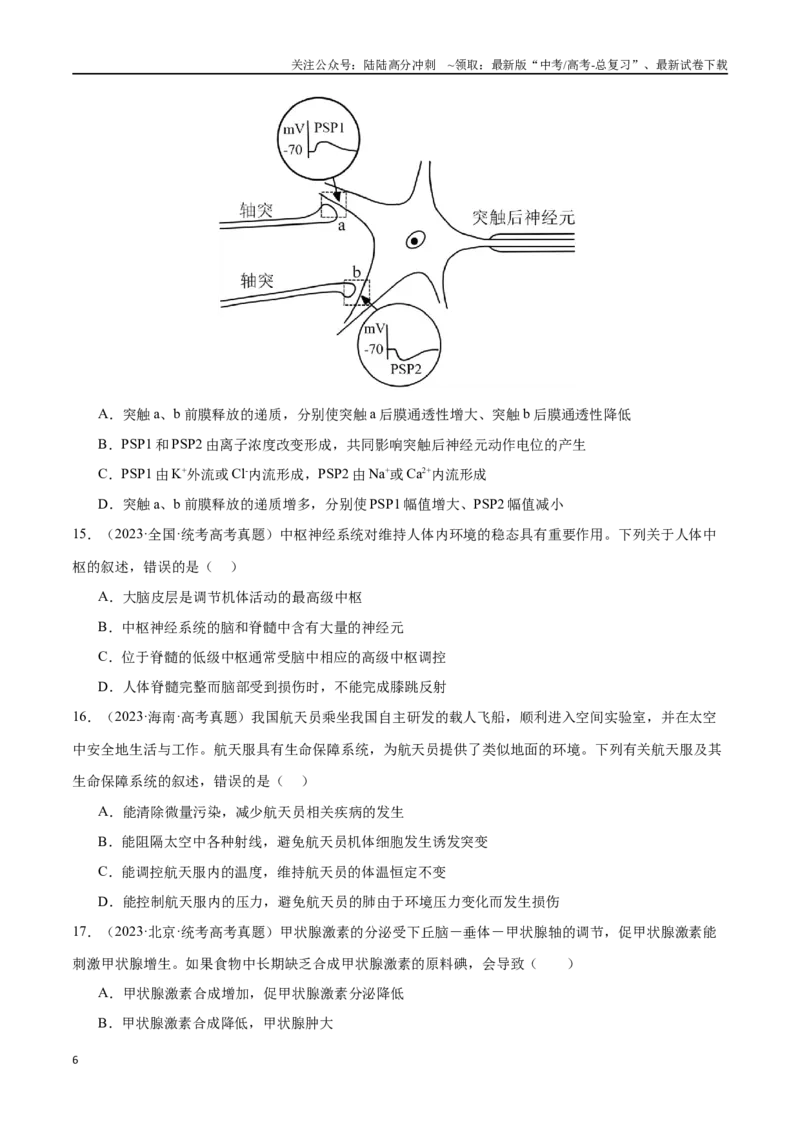 《必刷07动物生命活动调节（共70题）（原卷版）_06-生物-高考总复习_专项复习_2024年_2024年新高考生物总复习高频考点必刷题真题模拟题_资料》第6页预览
