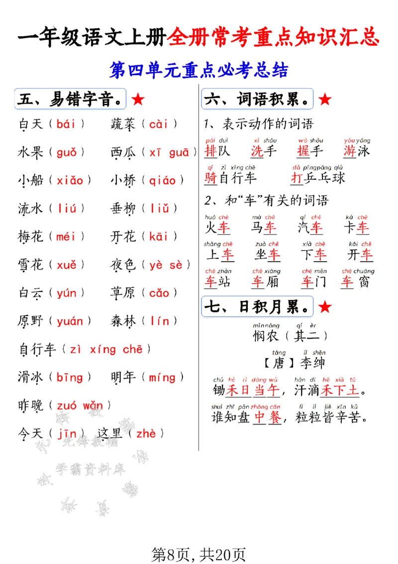《24学年一年级上册语文全册常考重点知识汇总SY(1)_1年级上册同步教辅_1上语文_一上语文-知识点汇总》第8页预览
