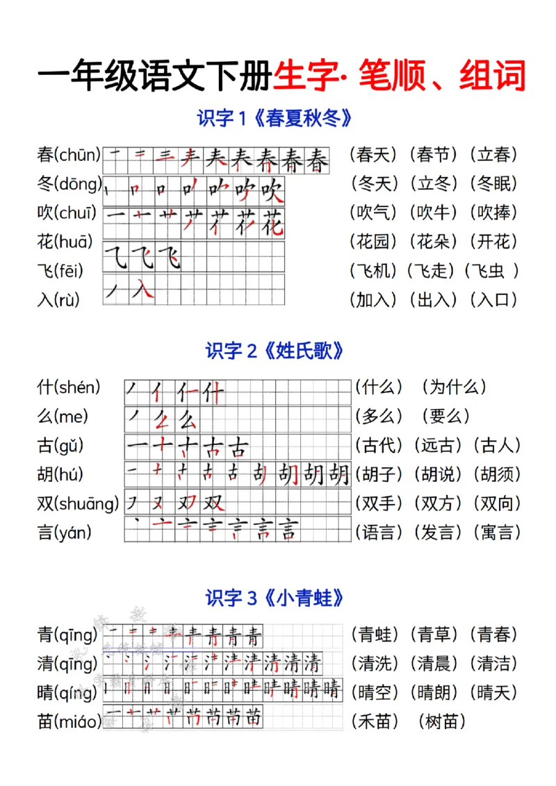 《2025一年级语文下册写字表笔画笔顺组词造句SY(1)_1年级下册同步教辅_1下-语文_一下语文-生字+字帖》第1页预览