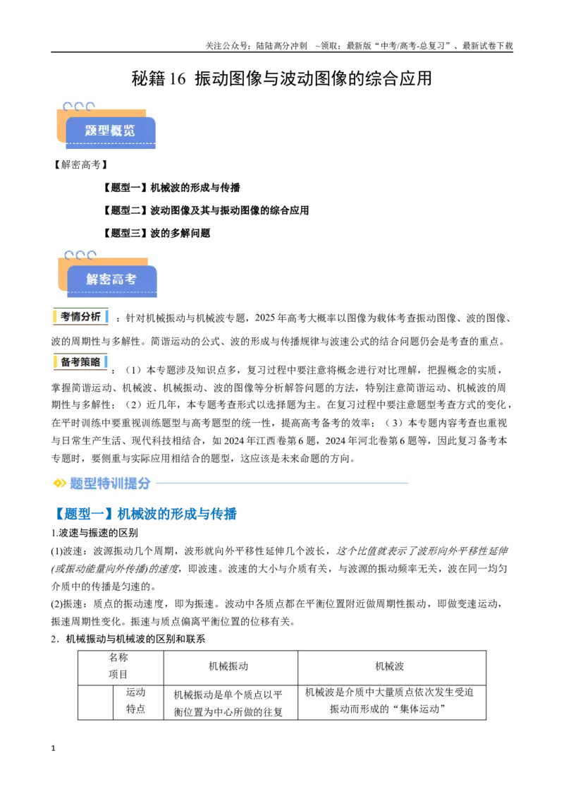 《抢分秘籍16振动图像与波动图像的综合应用（三大题型）（学生版）_04-物理-高考总复习_专项复习_2025年_2025年高考物理抢分秘籍（新高考通用）_2025版》第1页预览