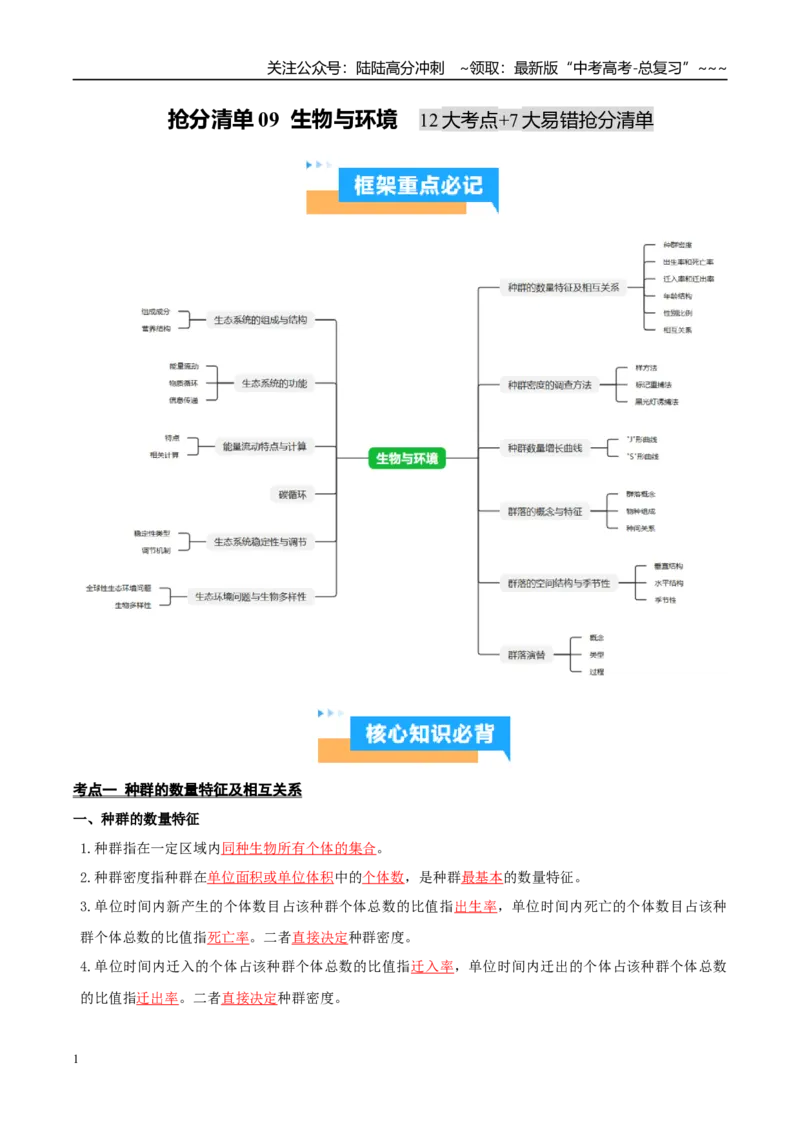 《抢分清单09生物与环境（12大考点+7大易错）（核心知识必背）_06-生物-高考总复习_专项复习_2026年-生物高考专项复习_2026年高考生物抢分秘籍（新高考专用）-G221_2026版》第1页预览