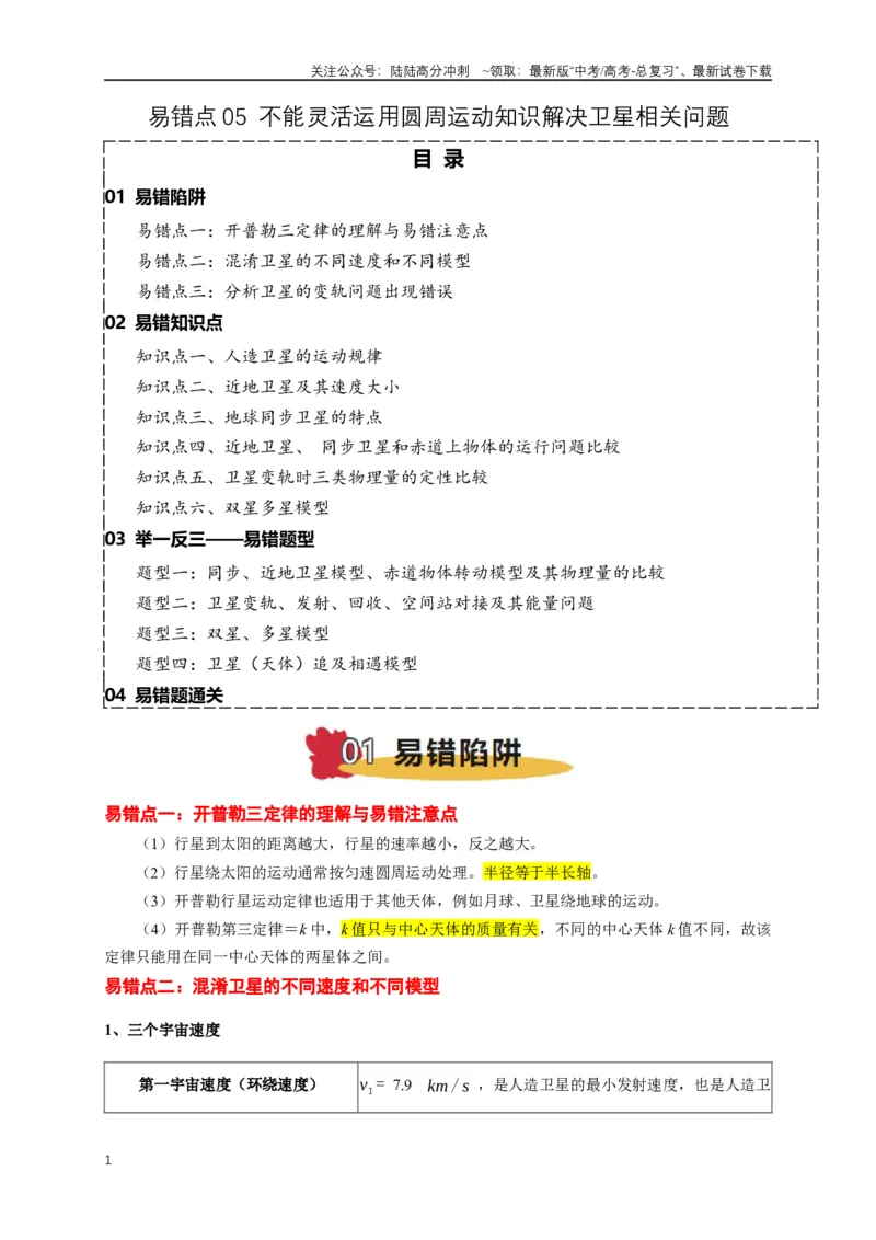 《易错点05运用万有引力知识解决卫星相关问题（3陷阱点6考点4题型）（学生版）_04-物理-高考总复习_专项复习_2025年_2025年高考物理易错题汇总重难点题型举一反三专项训练_资料》第1页预览